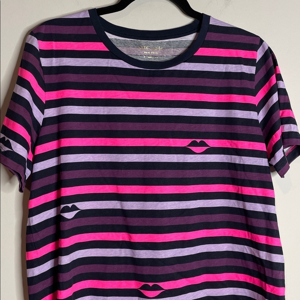 Kate Spade | Women’s Pink & Purple Striped Lips T-shirt 100% Cotton Size Large - Picture 3 of 6